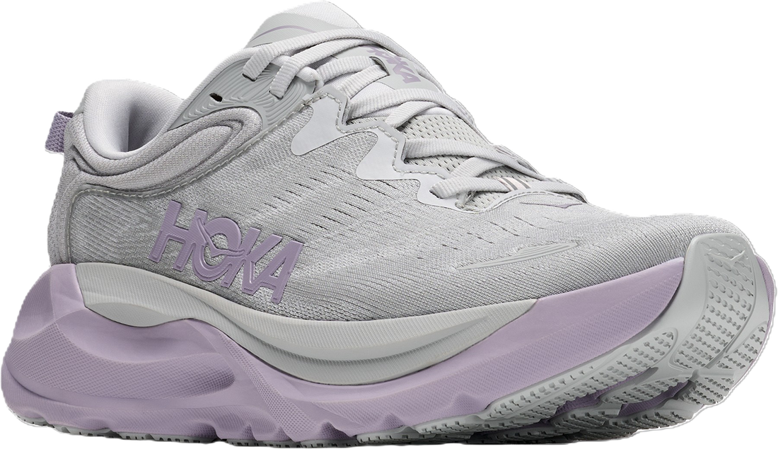 A light gray HOKA running shoe with a lavender purple midsole and logo, shown from a three-quarters angle on a white background.