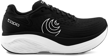 Quarter turn view Women's Topo Footwear style name Atmos 2 in color Black/ White. Sku: W091-BLKWHT