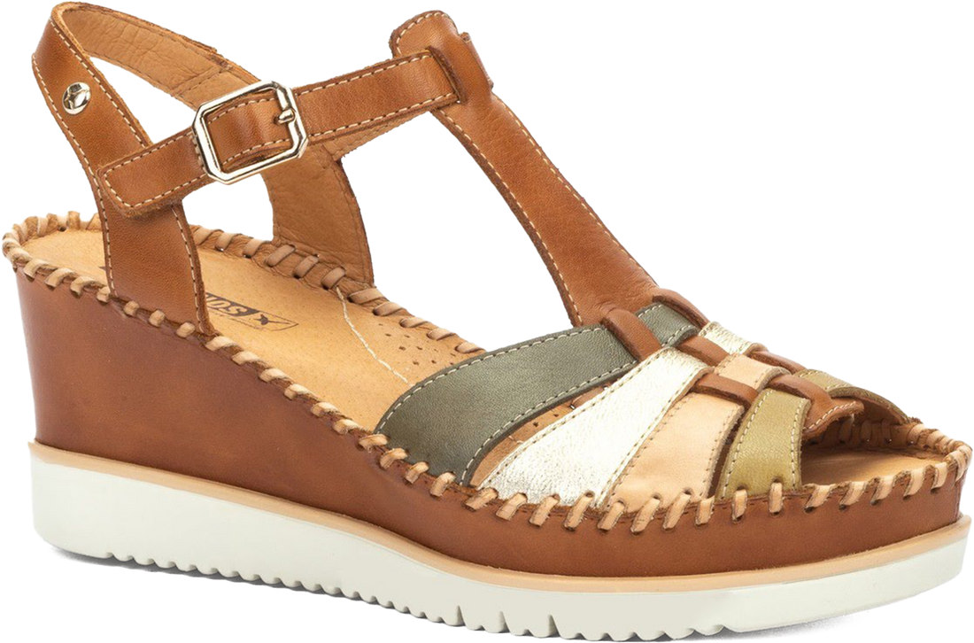 Brown wedge sandal with a white sole on a white background