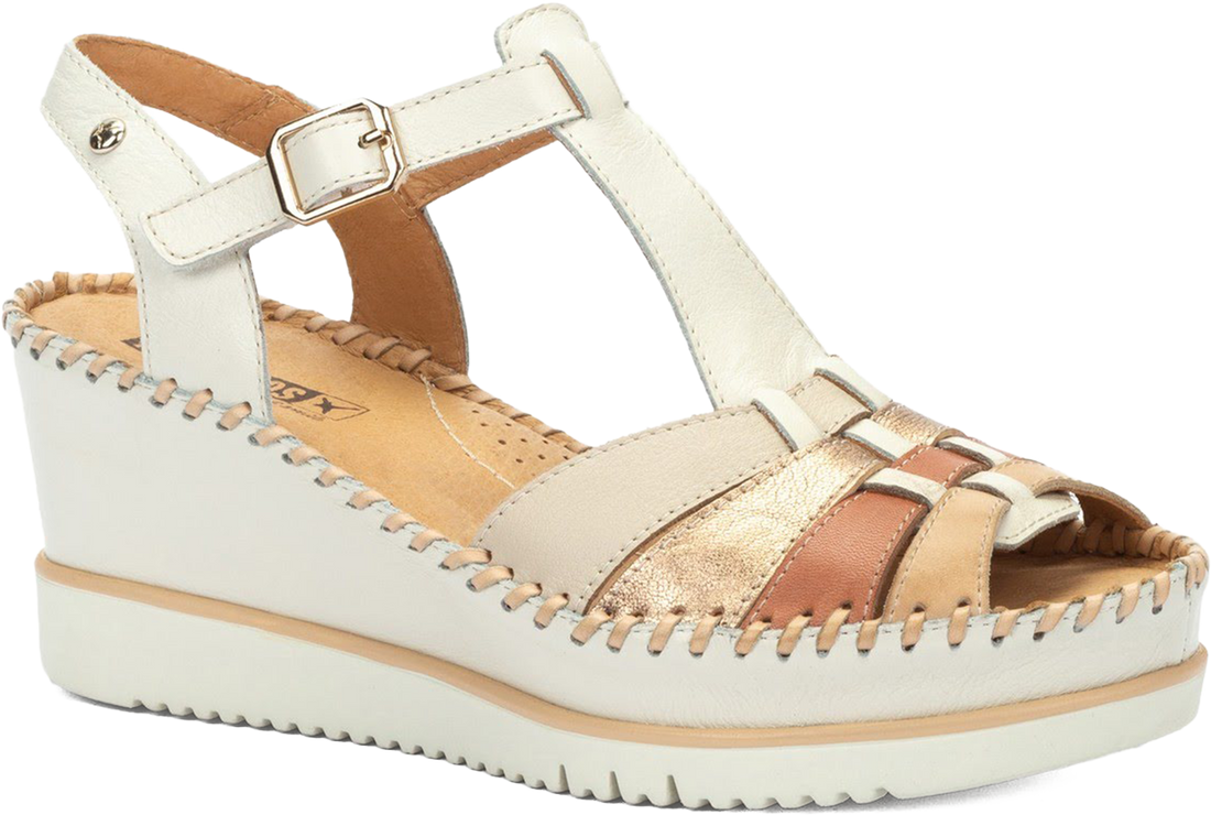 White wedge sandal with gold accents on a white background